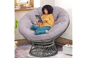 KROFEM 43.3" Oversized 360° Swivel Rattan Papasan Circle Chair, Living Room Chair, Wicker Saucer Ideal for Patio, Bedroom, Grey Frame with Light Grey Cushion
