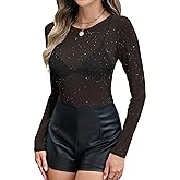 LOMON Womens Mesh Tops Lace Shirts Long Sleeve Crew Neck Sexy See Through Blouses Tee Party Club Night