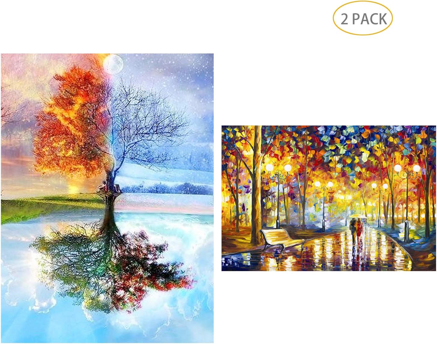 5D Full Drill Diamond Painting Kit,Hartop DIY Diamond Rhinestone Painting Kits for Adults and Beginner,Embroidery Arts Craft Home Office Decor (2 Pack of Four Seasons Tree,Love Street)