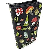 Shag Wear Gnome Forest Large Wallet for Women and Teen Girls Multiple Gnomes Mushrooms Plants Vegan Faux Leather Black 7"