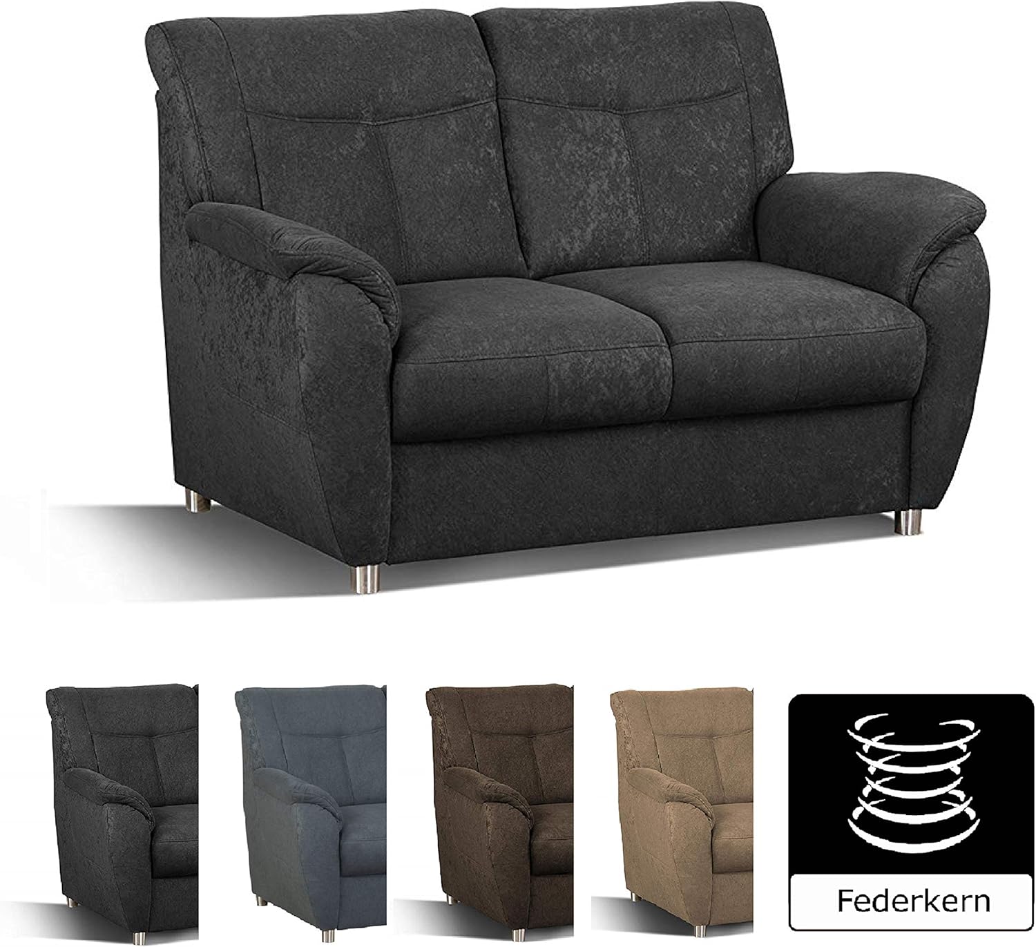 Cavadore 2er Sofa Sunuma / 2Sitzer Couch schwarz mit Federkern passend