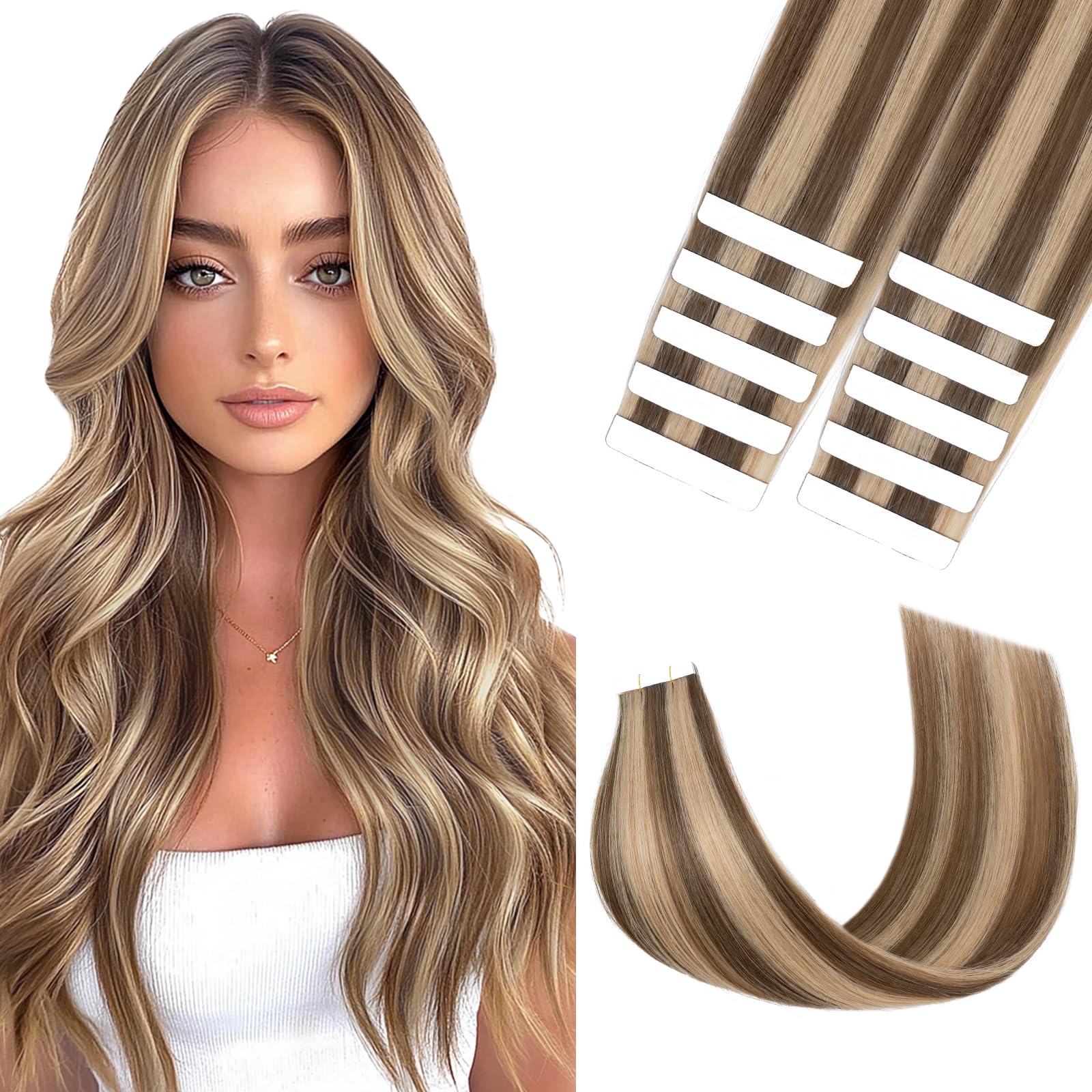 Silk-co Real Remy Tape in Straight Human Hair Extensions 10pcs 12inch #4P27 Medium Brown&Dark Blonde Balayage Seamless Tape on Hair Extension Straight Human Hair