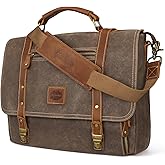 Manificent Laptop Messenger bag for Mens 15.6 Inch, Waterproof Vintage Genuine Leather Mens Briefcase shoulder bag 16 Storage Pockets, Waxed Canvas Leather Computer Business Satchel Work Bag (Brown)