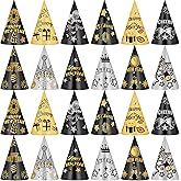 PullCrease 24 Pcs Happy New Year Party Hats 2026 Paper Cone Hat Gold Black Silver Headwear New Year Eve Photo Props for 2026 Winter Christmas Holiday Celebration Party Favors Supplies Decorations