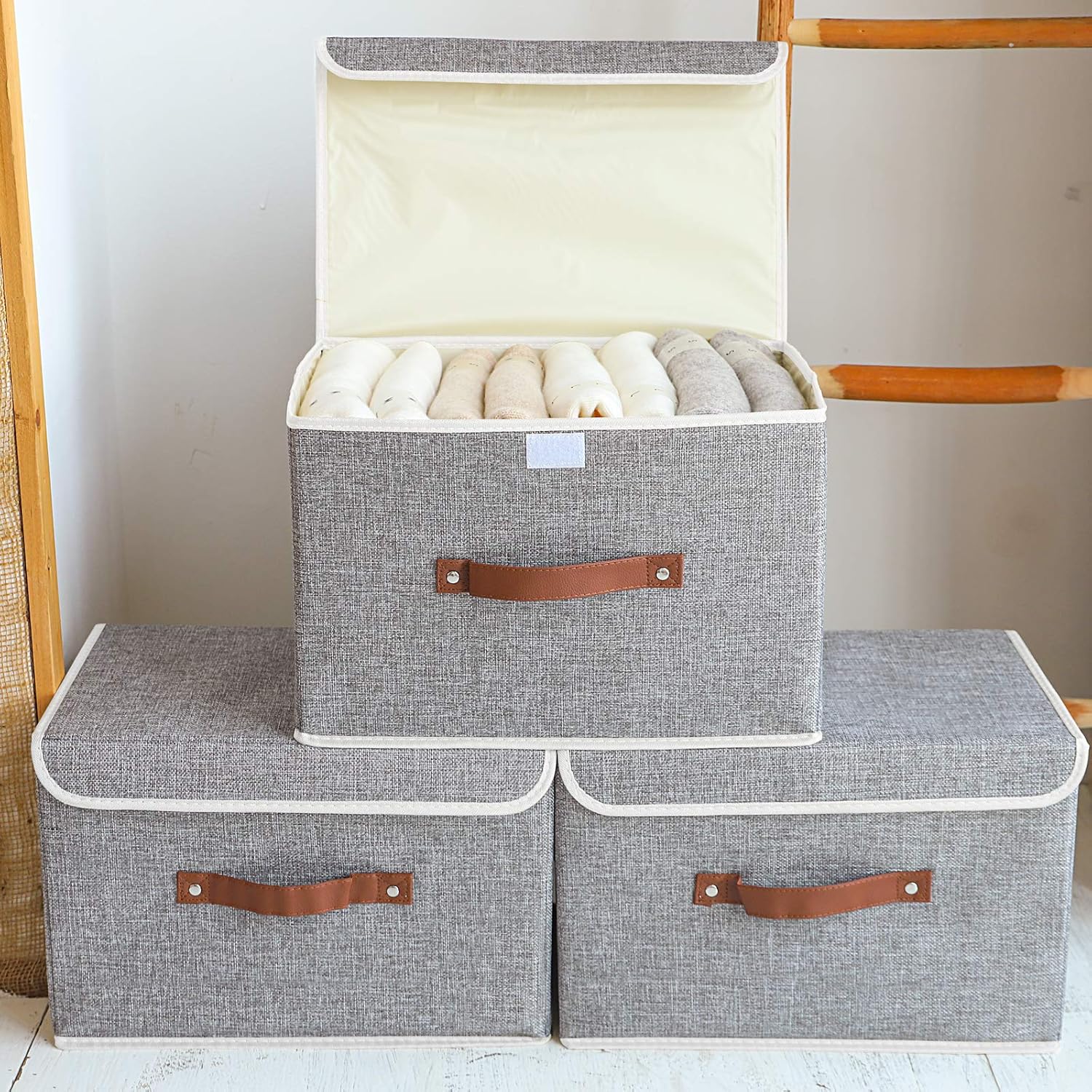 Yawinhe Collapsible Storage Box, Fabric Bin with Lids 3 Pack, Closet Baskets with Handle, for Organizing Clothes 38x25x25cm - Image 4
