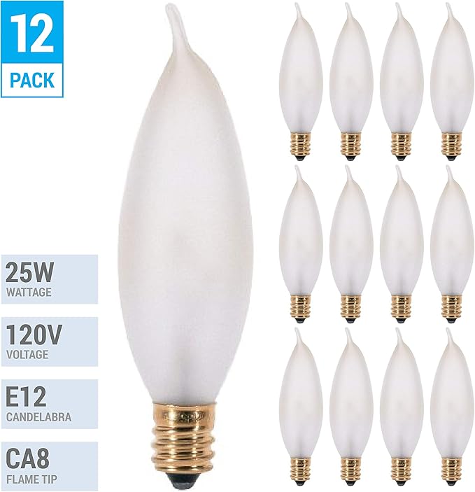 12 Pack 25 Watt Frosted Flame Shaped Incandescent Light Bulb, Candelabra Base, Incandescent