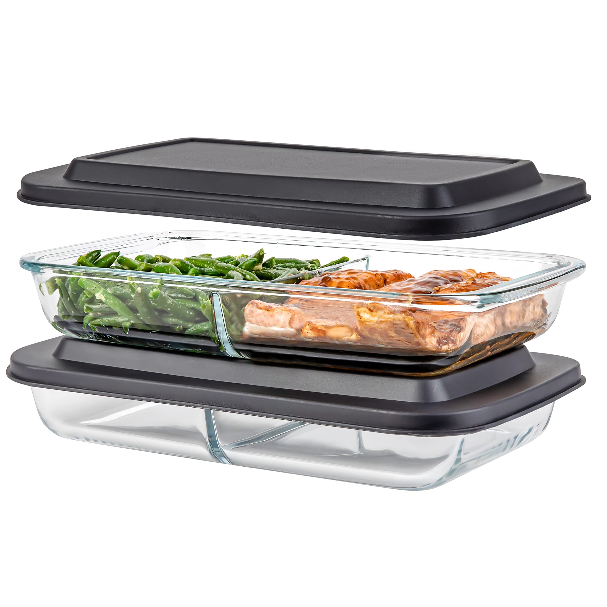 Photo 1 of Divided Glass Casserole Baking Dish, Rectangular Bakeware Set 2.3 Qt Each, Oven to Table Clear Glass Lasagna Pan with Divider-2 Pack