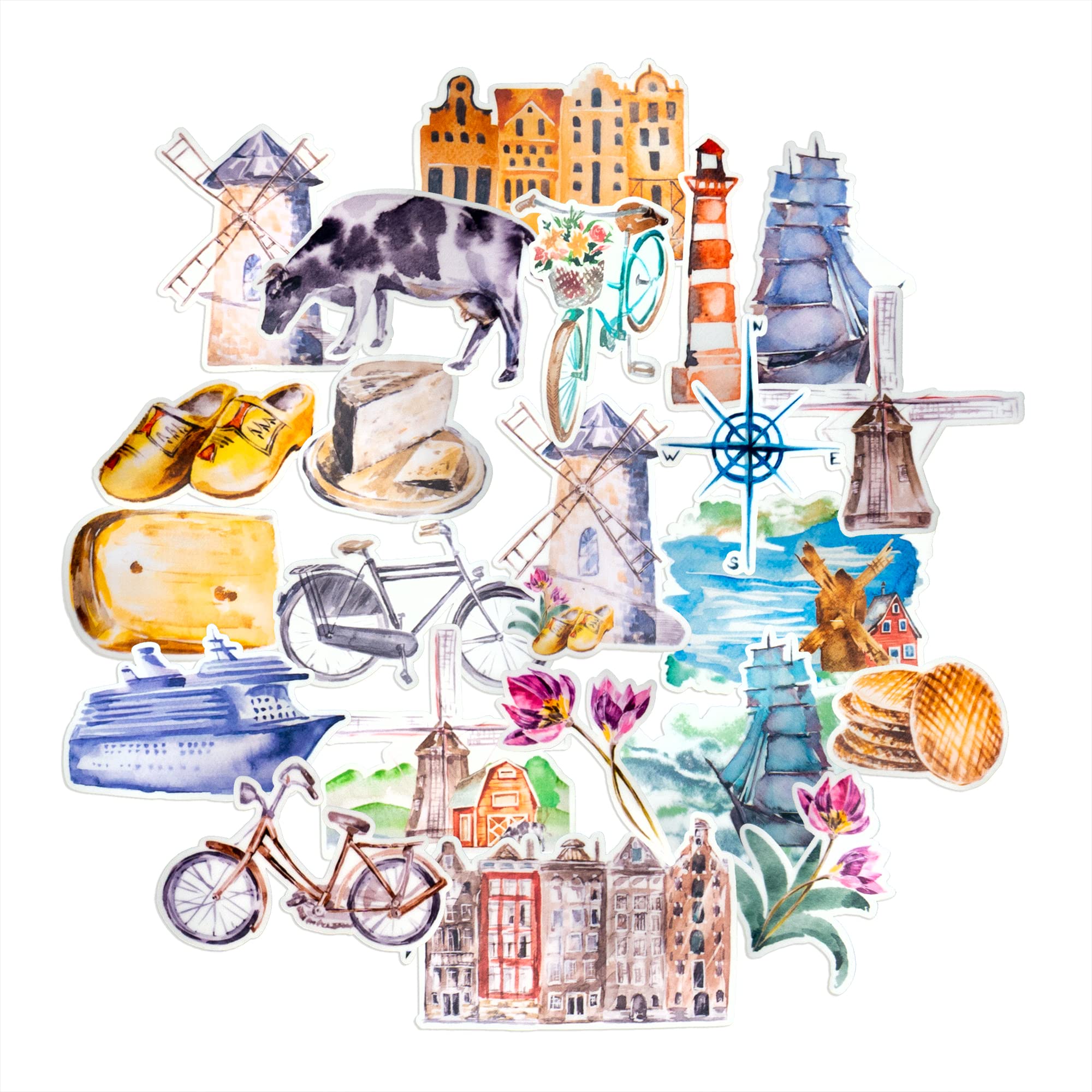 Navy Peony Blooming Netherlands Travel Stickers (22 Pack) - Cute, Waterproof, Durable | Aesthetic Adventure Decals for Water Bottles, Laptops, Scrapbook