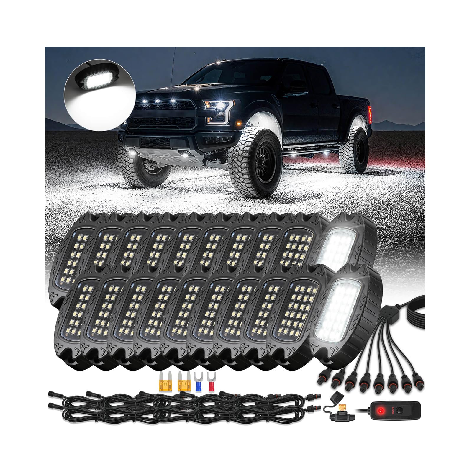 Photo 1 of 20Pods Aluminum Housing Plug and Play All Pure White LED Rock Lights Kit with Switch Harness Wiring Extension, Quick Connect 6500K Metal Underglow 12V Waterproof for Semi Trucks Pickup Jeep Offroad RV
