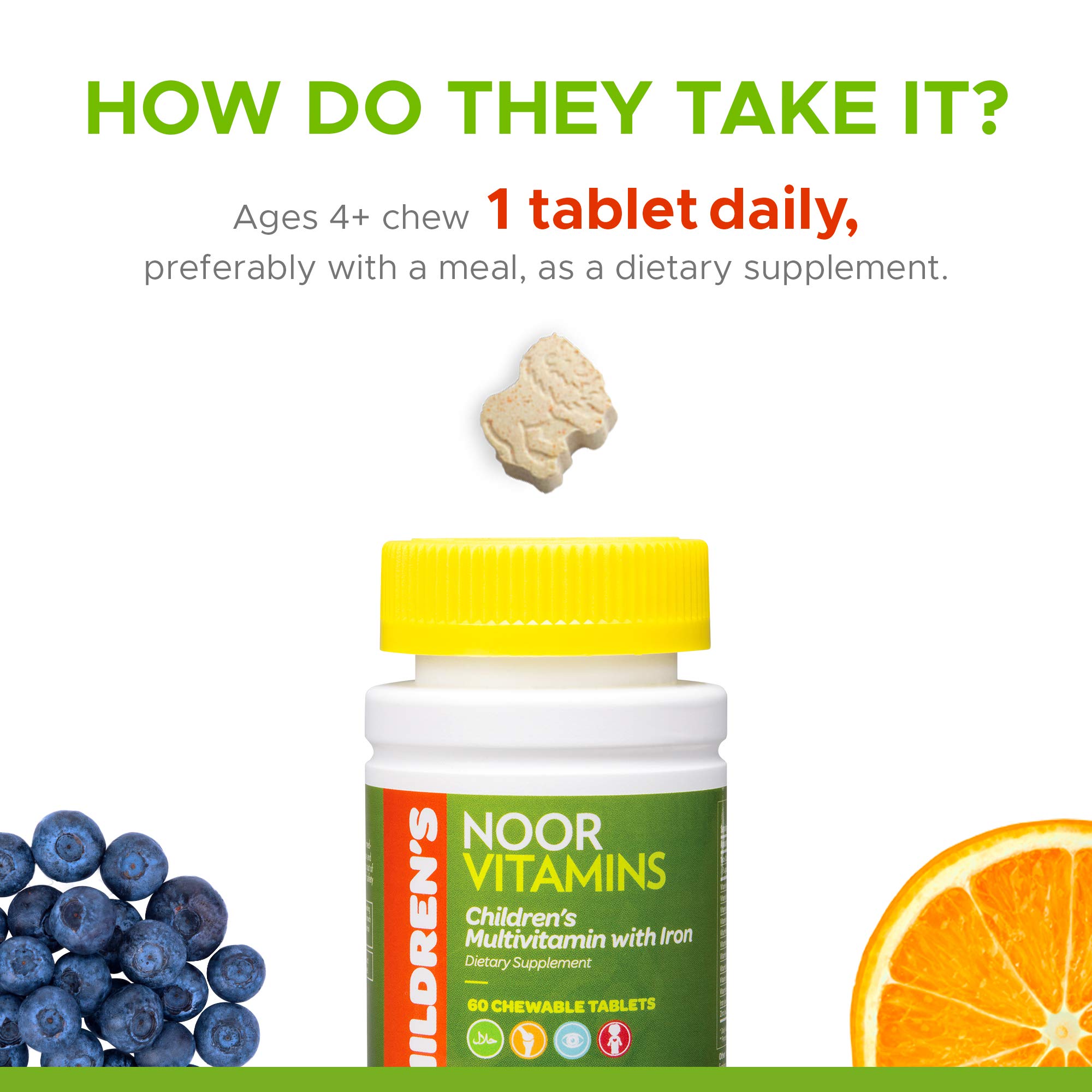 Noor Vitamins Halal Kids Multivitamin Chewable: Essential Vitamins for Immune, Bone & Eye Health with Iron - Non GMO & Gluten Free - Halal Vitamins 60 Count (2 Month Supply)