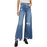 Jyutia Women's High Waisted Wide Leg Jeans Ripped Distressed Frayed Raw Hem Denim Pants 2025 Trendy