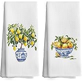 TAEDIN Chinoiserie Decor Kitchen Towels Lemon Chinoiserie Dish Towel 16x24 Inches, Blue and White Chinese Vase Decorative Absorbent Dishcloths Tea Towels Set of 2 for Kitchen Bar Cart Decor