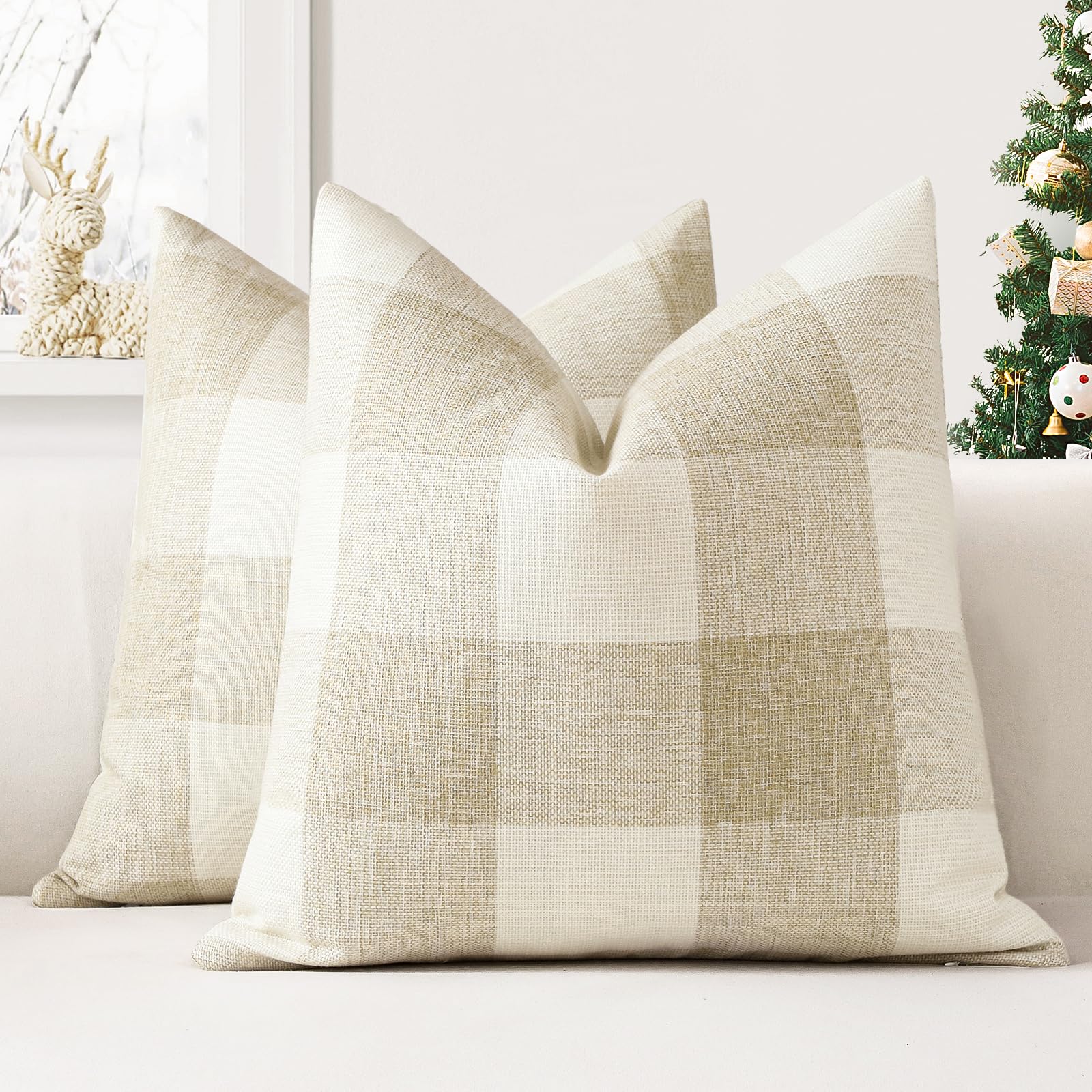 JOTOM Set of 2 Classic Plaids Cushion Covers 60x60 cm Farmhouse Buffalo Check Soft solid Decorative Throw Pillow Covers Home Decor Outdoor Cushion Case for Sofa Bedroom (Cream White)