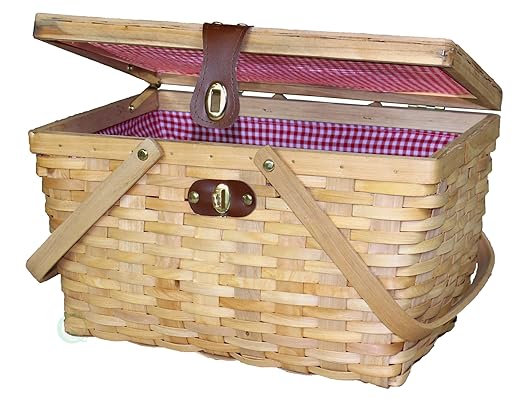 Natural Woven Woodchip Large Picnic Basket Red and White Gingham Pattern Lining Strong Wooden Folding Handles with Metal Lock Leather Strap