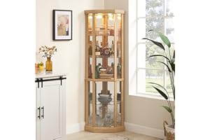 Makaseiya 70" Lighted Corner Curio Cabinet,Wooden Corner Glass Display Case with Tempered Glass Door for Living Room, Antique Collectibles, Wine & Bar Glass Storage, Lights Included