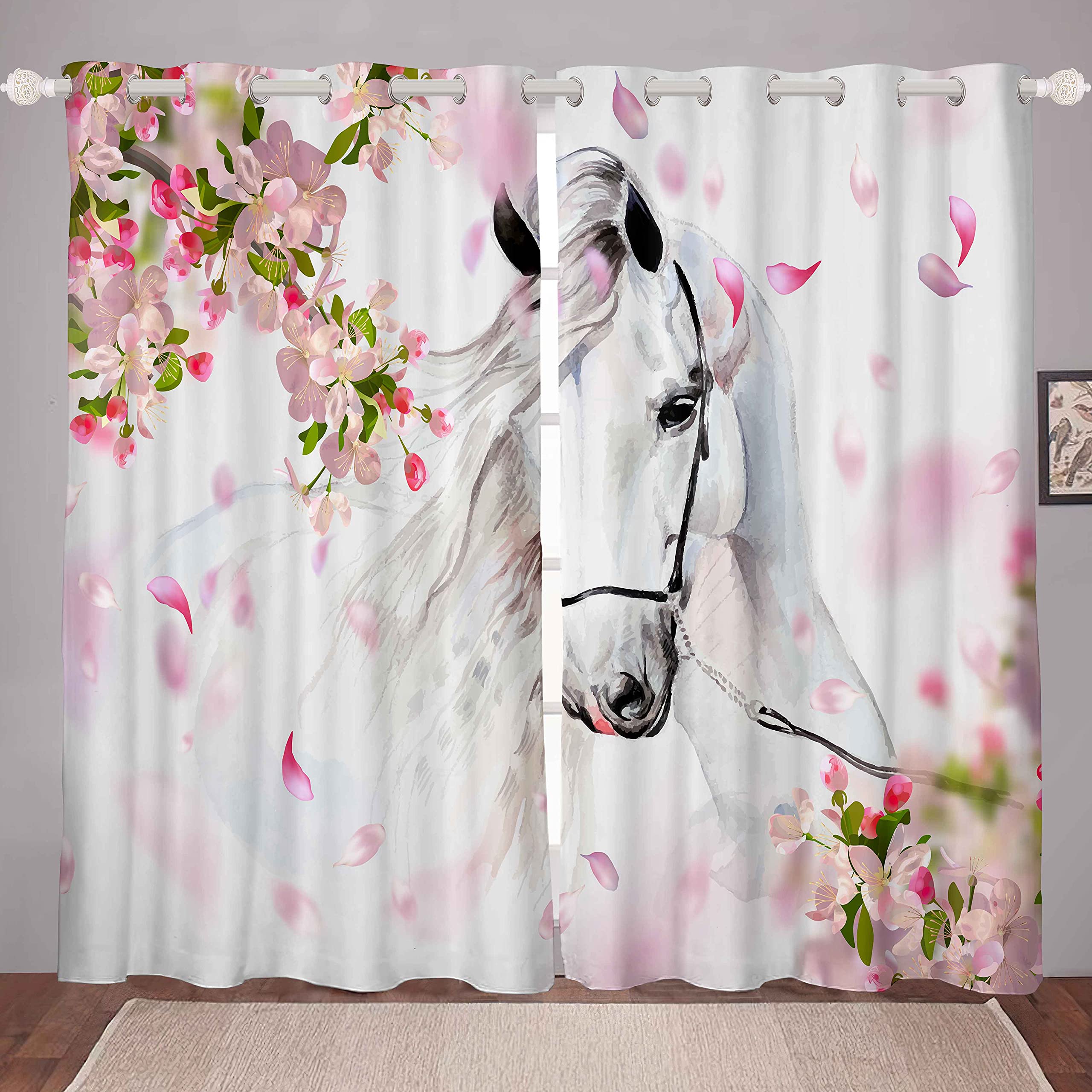 Tbrand Horse Window Curtains for Girls Floral Watercolor Kids Teens Bedroom Decor Wild Animals Curtain 46"x72"