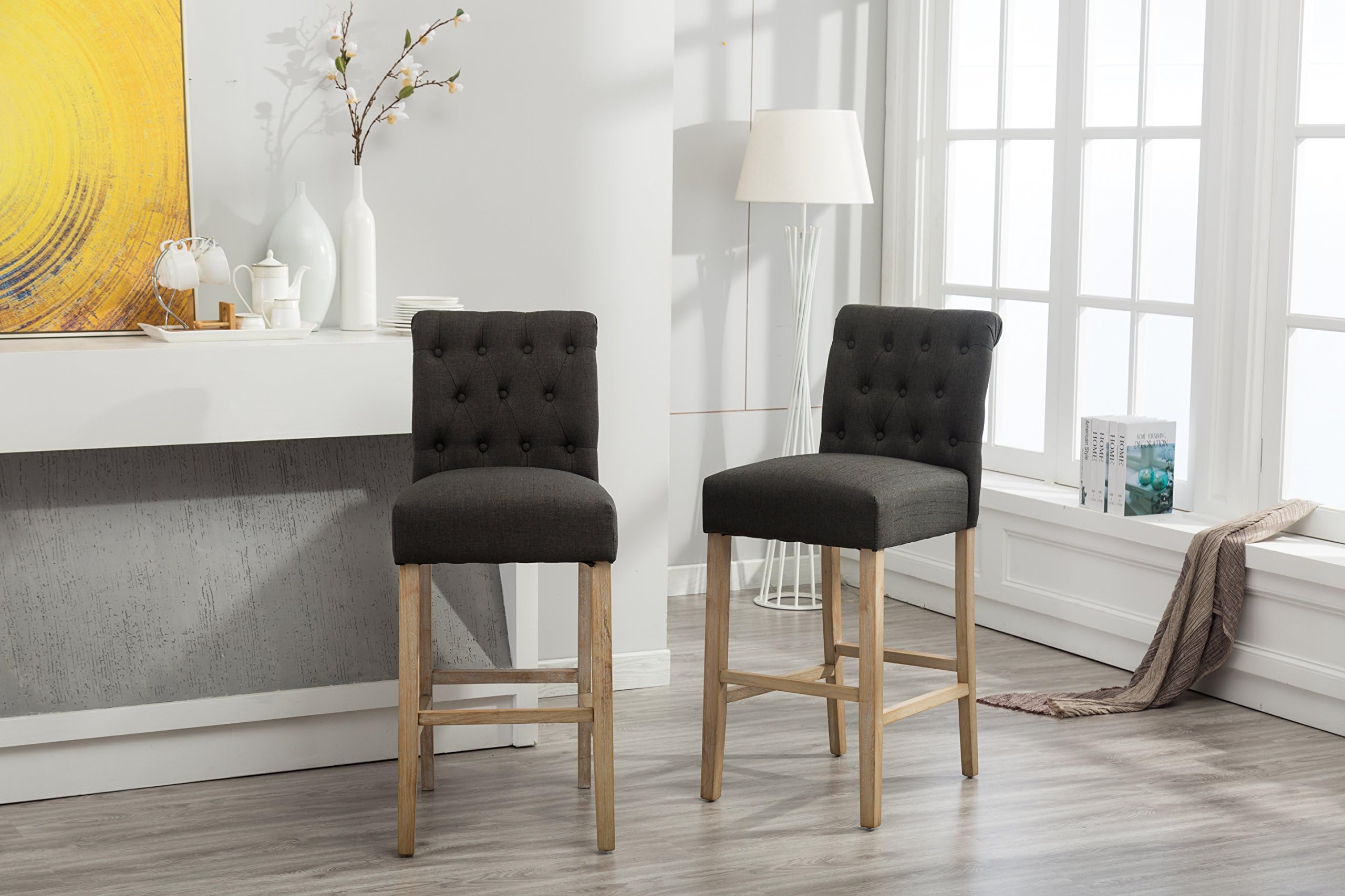 Roundhill Furniture Siena Bar Height Button Tufted Back Solid Wood Stools, Set of 2, Charcoal