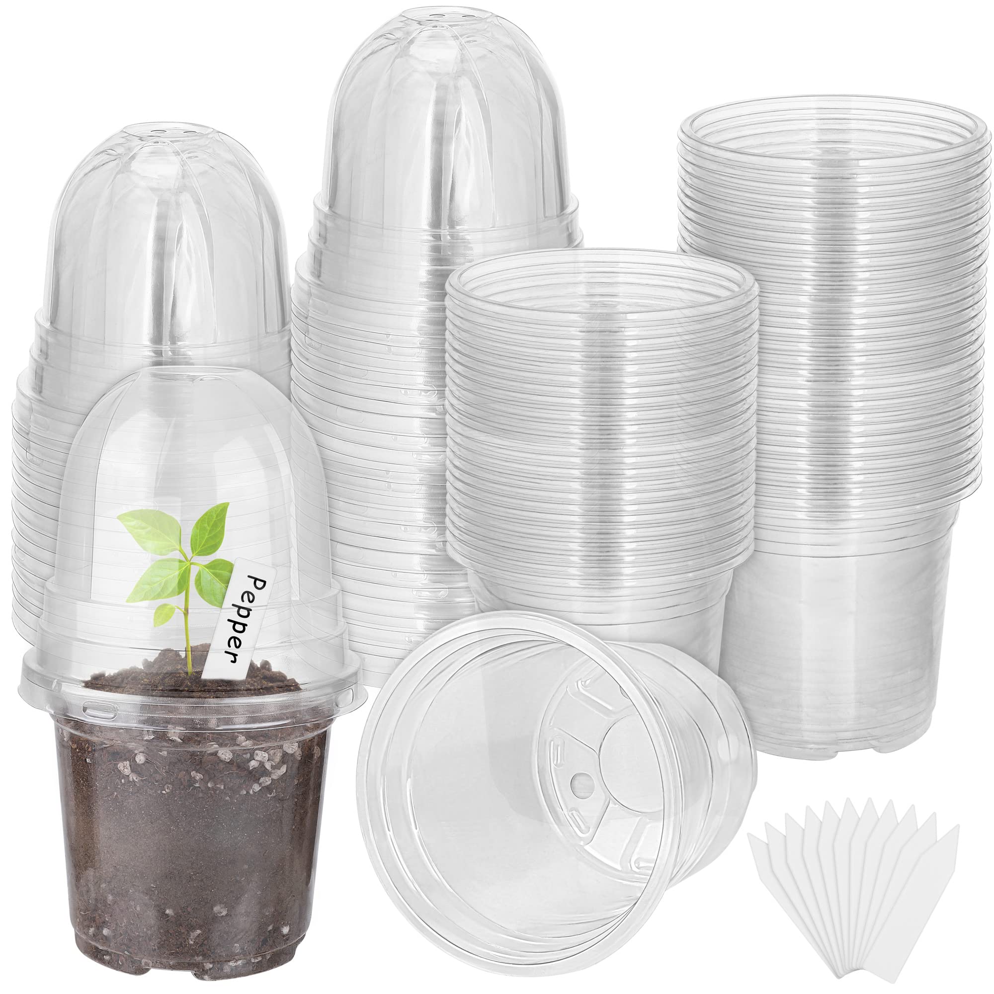 Photo 1 of Hahood 36 Packs 4 Inch Plant Nursery Pots with Humidity Dome Plastic Planters Gardening Flower Plant Pots Seed Starting Pots with Plant Labels for Seedling Indoor Outdoor Garden, Transparent