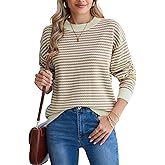 Famulily Womens Striped Color Block Hollow Out Knitted Sweater Long Sleeve Crew Neck Pullover Tops