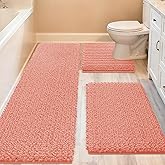 ACCUMTEK Upgrade Extra Large Coral Bathroom Rug Set 3 Pieces Ultra Soft, Thick Absorbent Bath Mats, Non Slip Chenille Toilet Mat for Bathroom, Bedroom, Kitchen