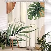 Glawry Boho Sage Green Shower Curtain 60Wx72L Inches, Abstract Bohemian Mid Century Bathroom Curtains, Plant Botanical Palm Leaf Cute Decor Fabric Shower Curtain Set Bathroom Rugs Waterproof 12 Hooks