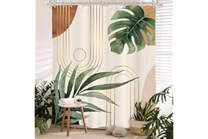 Glawry Boho Sage Green Shower Curtain 60Wx72L Inches, Abstract Bohemian Mid Century Bathroom Curtains, Plant Botanical Palm Leaf Cute Decor Fabric Shower Curtain Set Bathroom Rugs Waterproof 12 Hooks