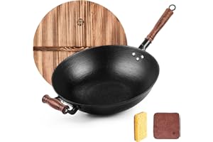 WANGYUANJI Cast Iron Wok Pan 12.59 inch Flat Bottom Wok with Wooden Handle and Lid, Large Wok Stir Fry Pan Suitable for All C