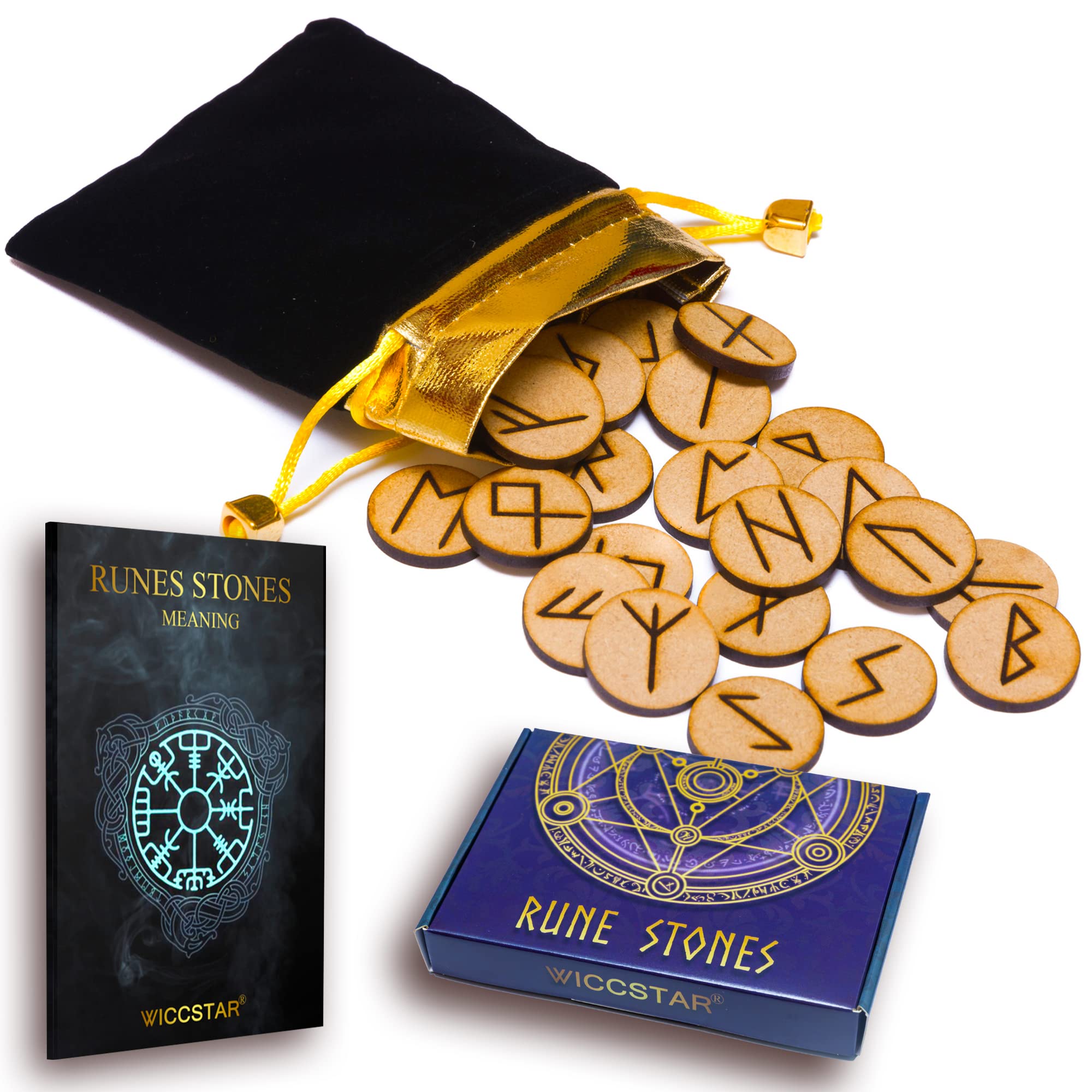 wiccan star Rune Stones Engraved Magic set (25 Pieces) with 5 different layouts & Rune Meaning booklet