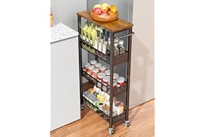 OKZEST Utility Slim Storage Cart, 4 Tier Small Rolling Kitchen Laundry Room Cart with Wood Top, Metal Narrow Bathroom Storage Cabinet Mobile Shelf Unit Organizer Trolley with Handle for Narrow Space