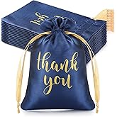 Sieral 50 Pcs Thank You Satin Gift Bags with Drawstring Jewelry Candy Pouches for Valentines Easter Wedding Baby Shower Birthday Holiday Party Thank You Bag for Gift Wrap(Navy Blue,4 x 6 Inch)