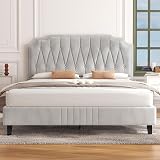 Yaheetech 4ft6 Double Bed Frame Upholstered Platform Beige Velvet Headboard