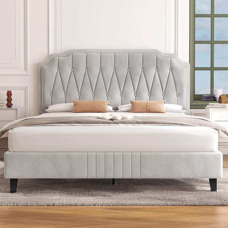 Yaheetech 4ft6 Double Bed Frame Upholstered Platform Beige Velvet Headboard