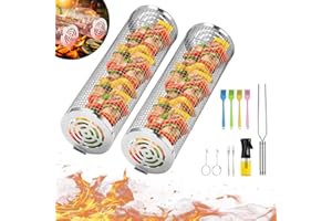 VEUIEIZT Grill Basket, Rolling Grilling Baskets, Stainless Steel Grill Mesh, Barbeque Grill Accessories, Portable Outdoor Camping BBQ Rack for Meat, Shrimp, and Vegetables., sliver