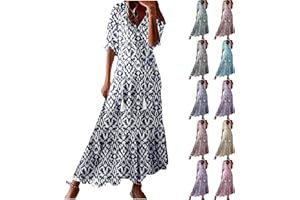 SCRRMZO Womens Boho Dresses Casual Beach Summer Dress Tassel Tie Neck Half Sleeve Maxi Sundress Floral Print Cover Up