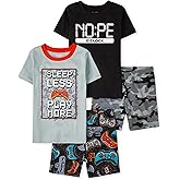The Children's Place boys Short Sleeve Top and Shorts Snug Fit 100% Cotton 4 Piece Pajama Set