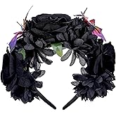 KorViSHOW Black Mexican Flower Headband - Dark Rose Floral Crown Headpiece with Butterfly Dia de los Muertos Costume Headbands for Women Halloween Festival Party Easter Mardi Mexican Hair Accessories