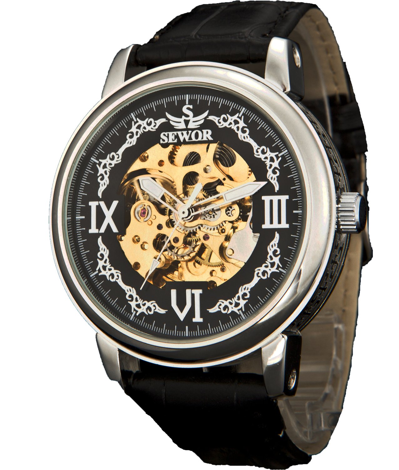 SEWOR Crusader Orologio da polso meccanico con scheletro trasparente a mano da uomo con cassa in pelle marrone e oro (Argento & Nero)