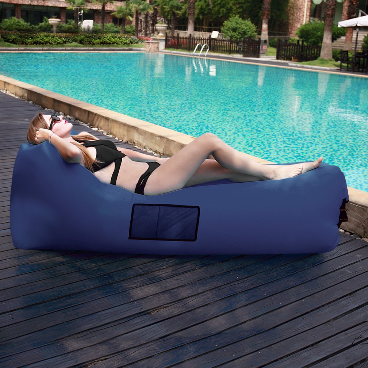 Inflatable Lounger Couch, Air Sofa Bed Chair with Cozy Ergonomic Angle and Fast Inflatable Design, Load-Bearing 500 LBS (Deep Blue)