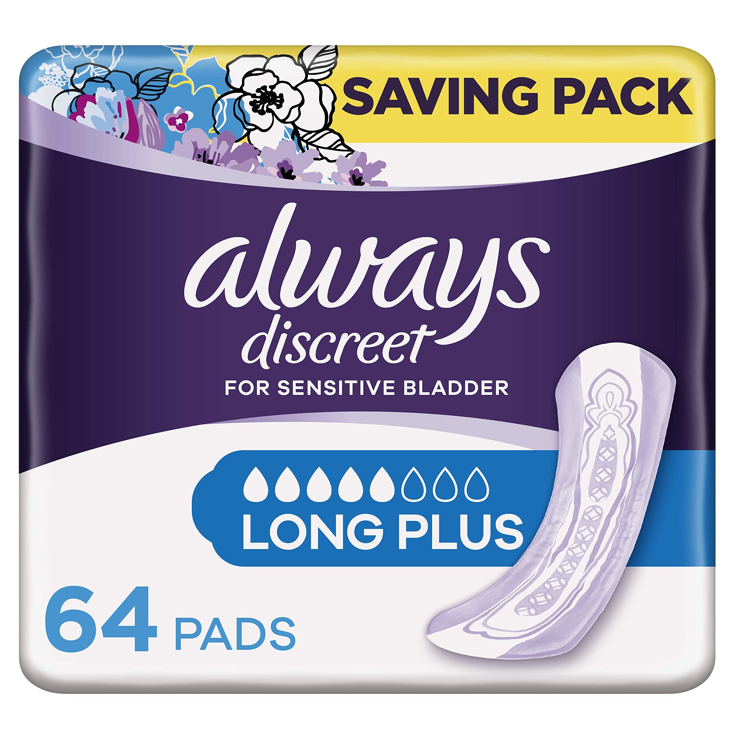 Always Discreet Incontinence Pads for Women, Long, Saving Pack 64 High Absorbency Pads