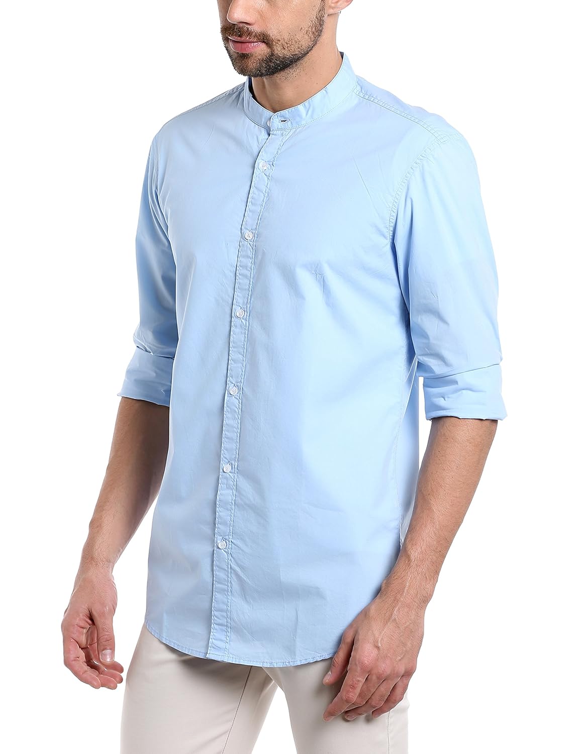 dennis lingo men's cotton sky blue solid casual shirt