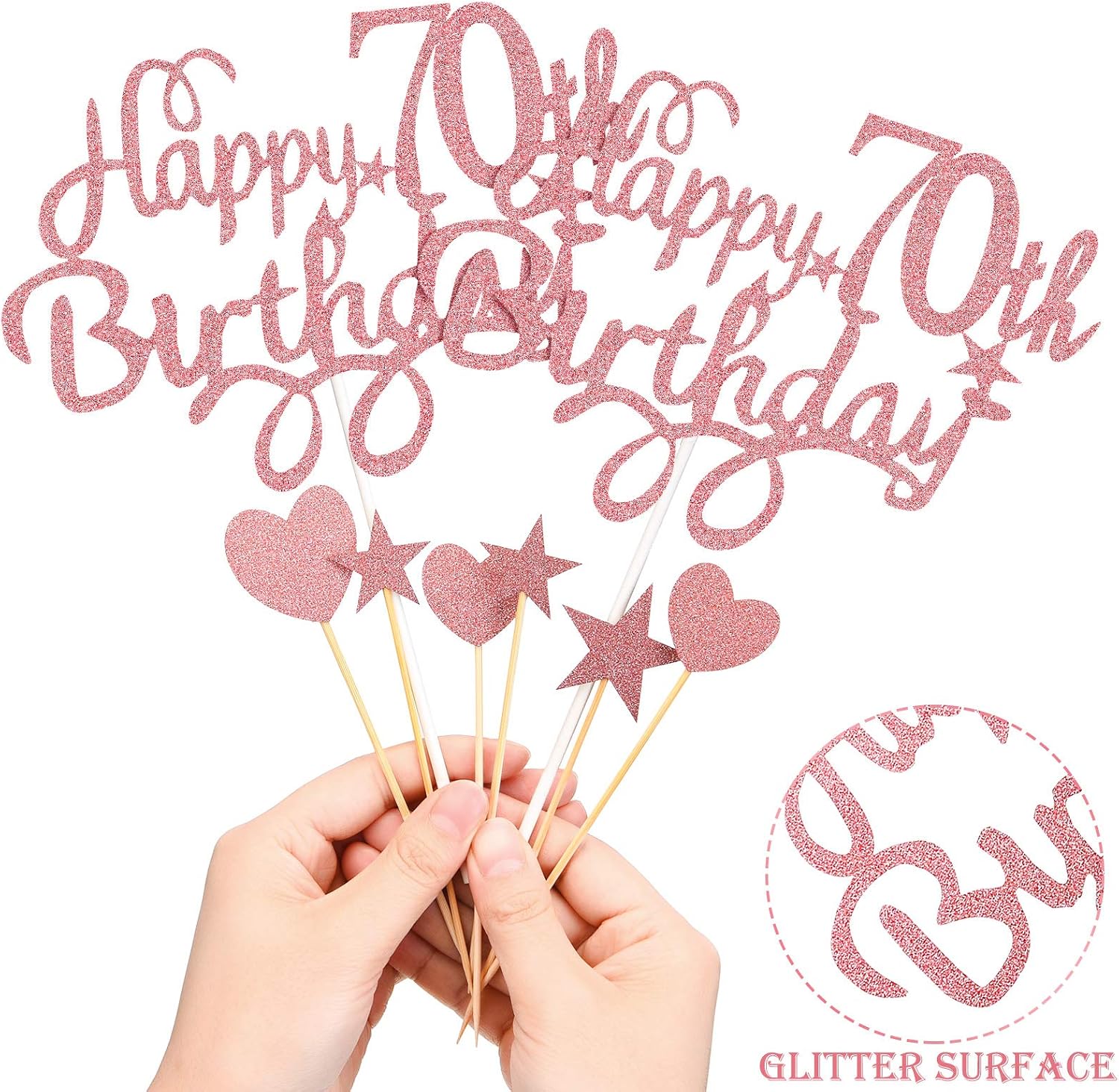 Boao 8 Pcs Happy 70th Birthday Cake Toppers Sets Include 2 Rose Gold Cake Pick Star 3 Heart Decor Personalised Glitter Birthday Party Decorations for Women Mum - Image 5