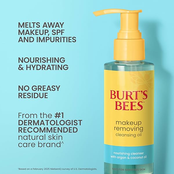 BURT’S BEES MAKEUP REMOVING CLEANSING OIL; NORMAL AND DRY SKIN; SAFE FOR SENSITIVE SKIN; COCONUT AND ARGAN OILS; DOES NOT CLOG PORES; HYDRATES, NOURISHES; NON GREASY; CONVENIENT PUMP;(1) 5 FL. OZ.