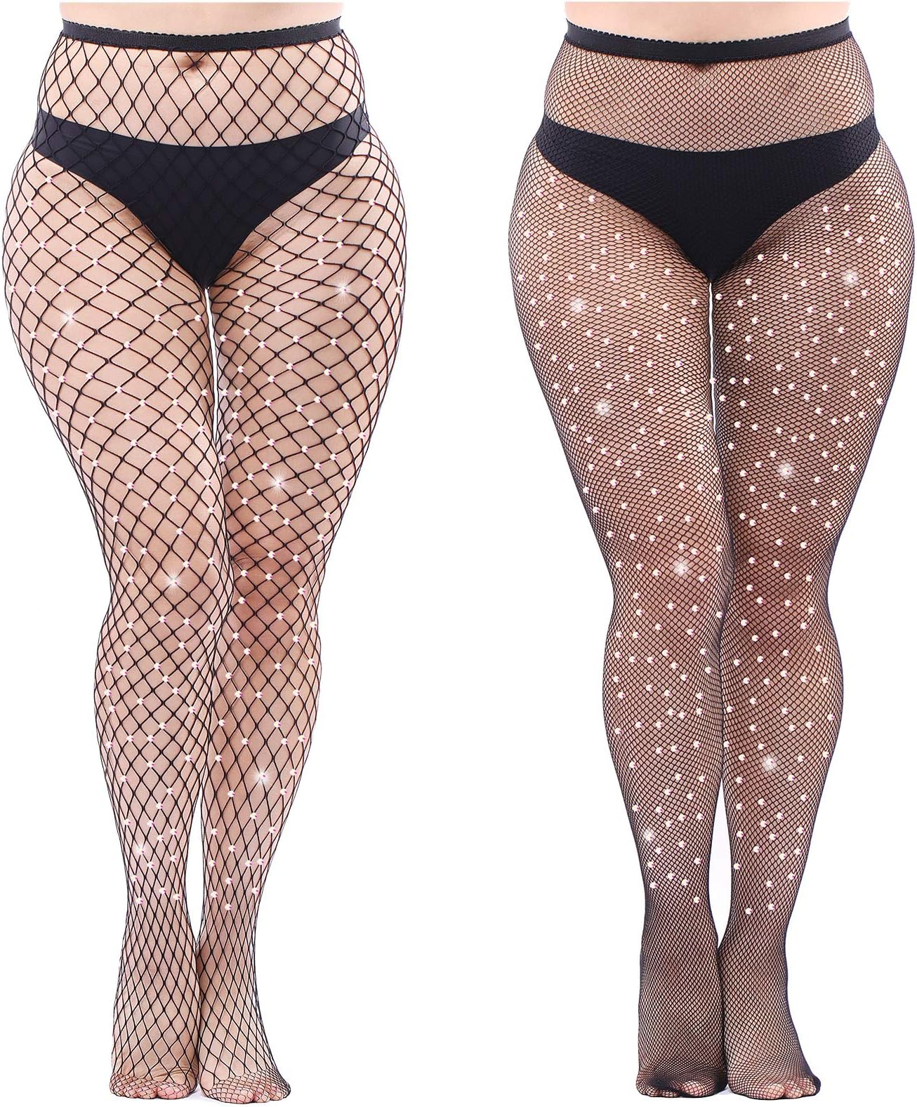 Aneco2 Pairs Plus Size Sparkle Diamond Fishnets Sexy Black Tights