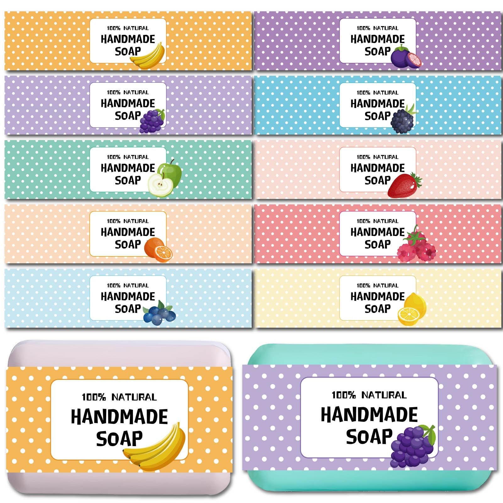 CREATCABIN 100 Pcs Soap Wrapper 10 Styles Fruits Spots Soap Wrap Tape Vertical Soap Tag Sleeves Covers with Tectorial Membrane for Handmade Soap Bar Packaging Supplies Craft Stuff 1.9x8.2 Inch