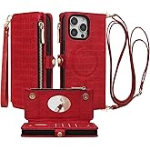 Stylivolve Crossbody Wallet Case for iPhone 14 Pro Max with Mirror, Wrist Strap, Zipper Purse Magnetic Flip RFID Blocking Card Holder, Wireless Charging, PU Leather Shockproof 6.7" Women (Red)