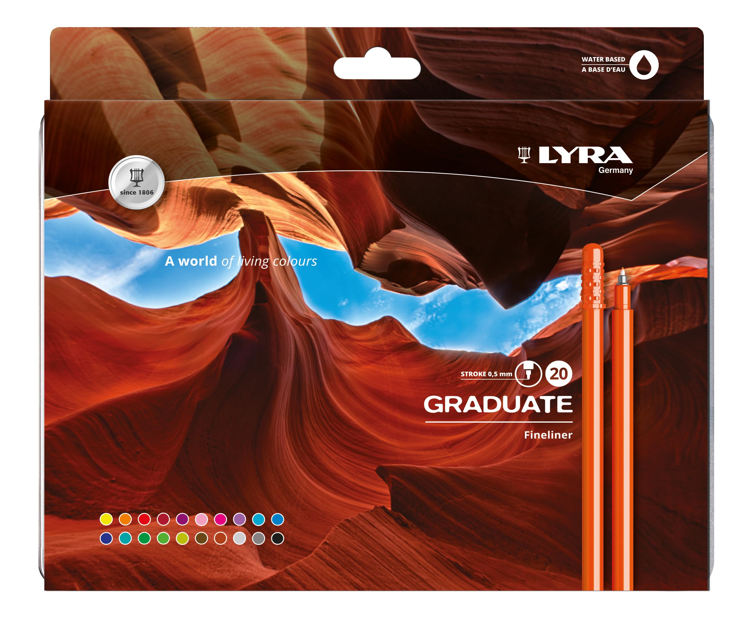 LYRA Graduate Synthetic Fine Tip Fineliner, 20 Pieces in Assorted Colours, For Students and Schools