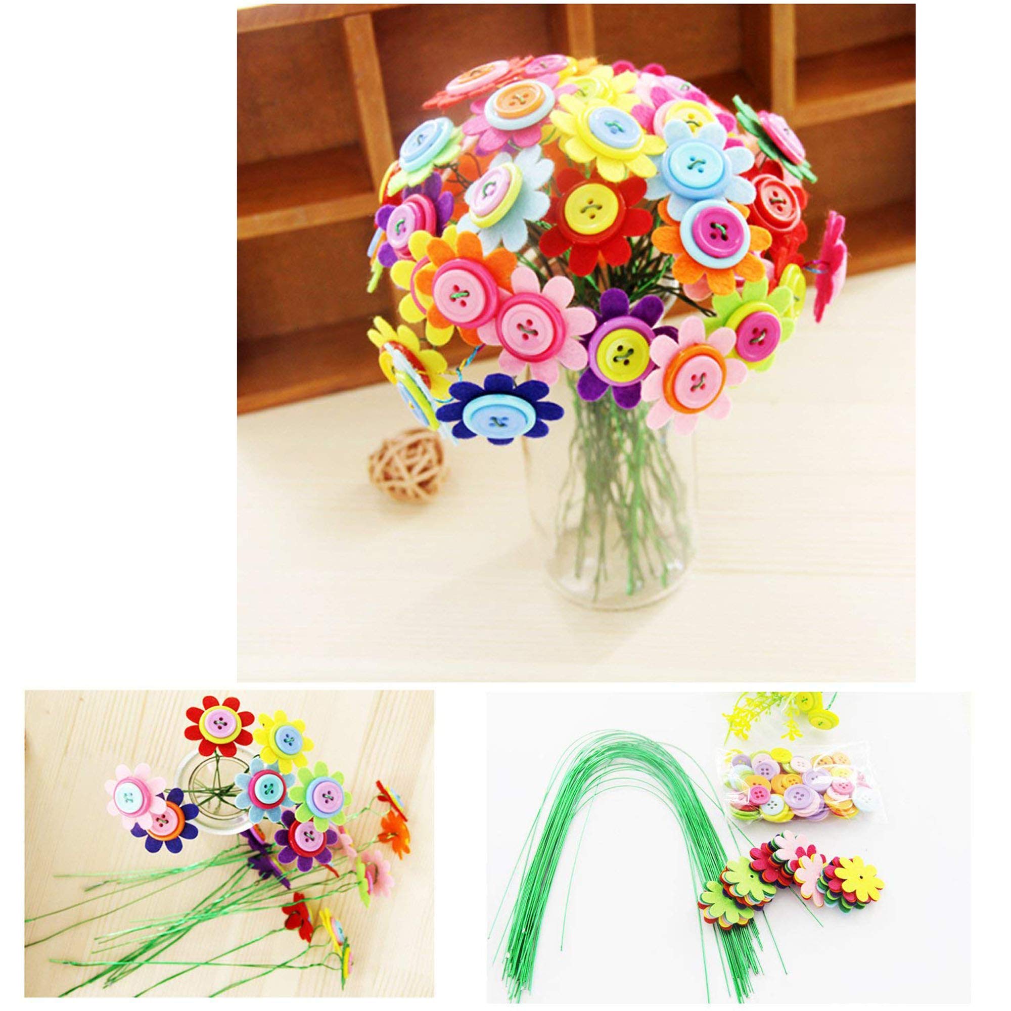 Carykon DIY Craft Iron Wire Button Felt Bouquets Kit, Make 40 Flowers (8-Petal Flowers)