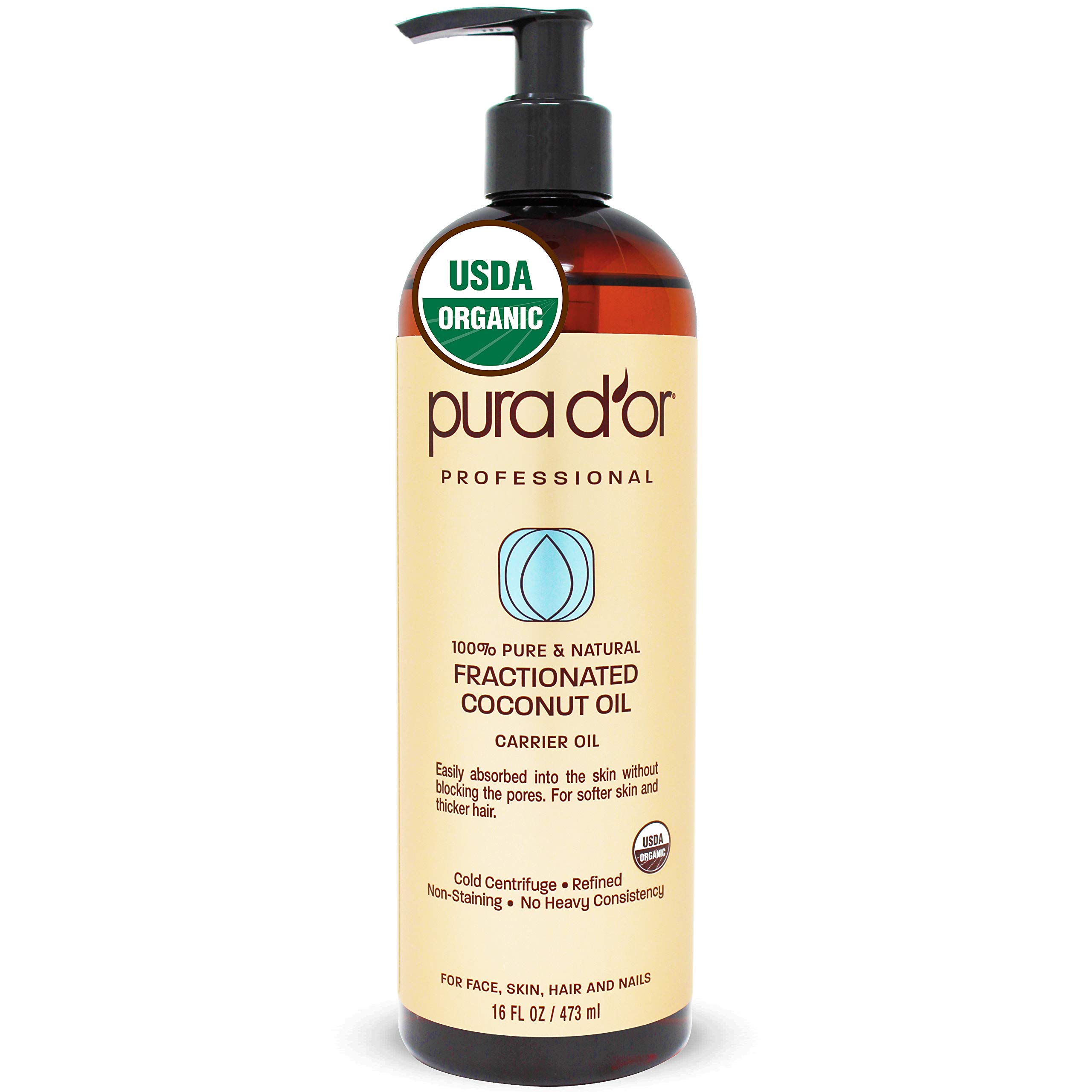 PURA D'OR Organic Fractionated Coconut Oil (16oz) USDA Certified 100