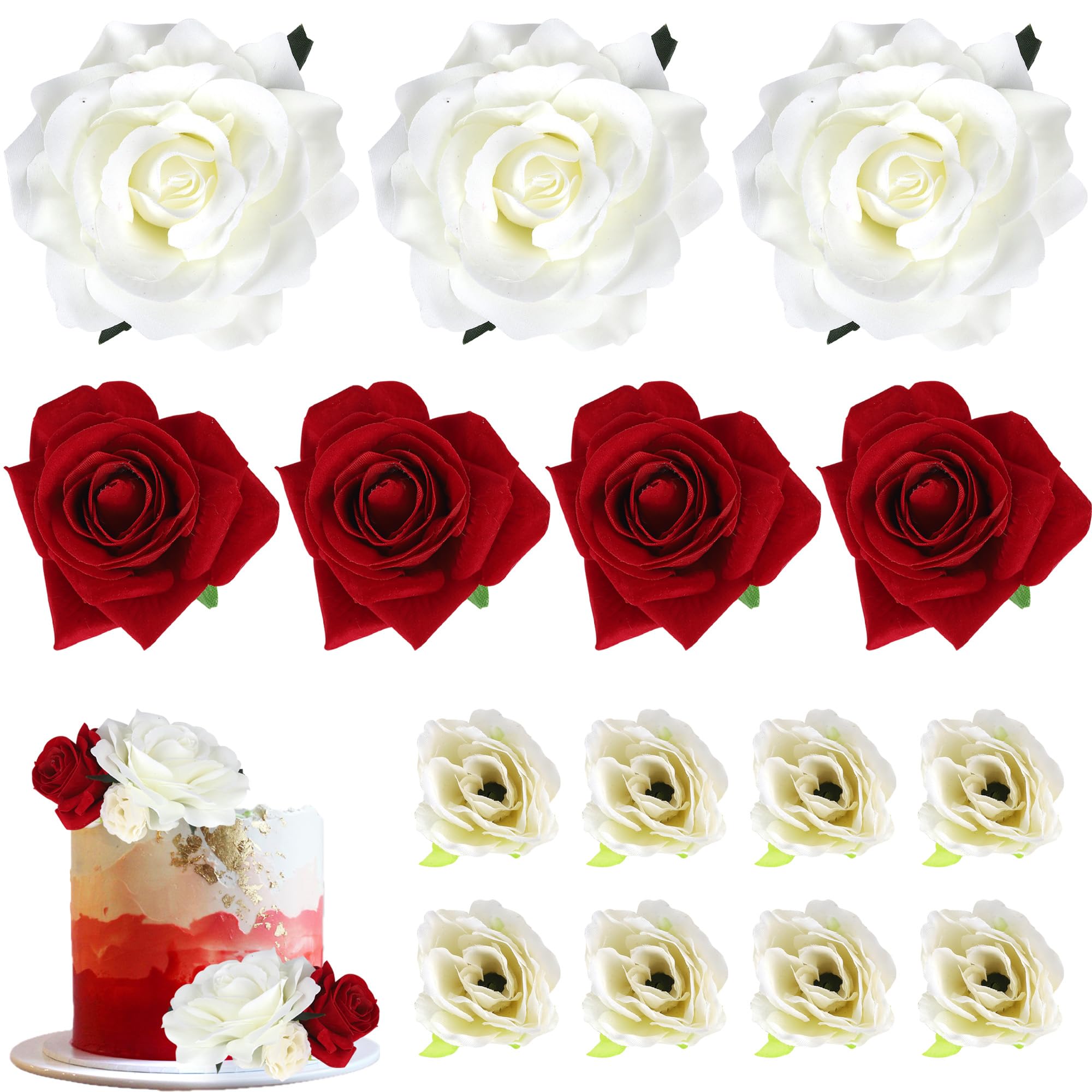 SYKYCTCY 10 Pack Roses Artificial Flowers Cake Topper DIY Wedding Artificial Roses Cake Decorations for Bridal Shower Birthday Wedding Anniversary Party Decorations White Red — image 1
