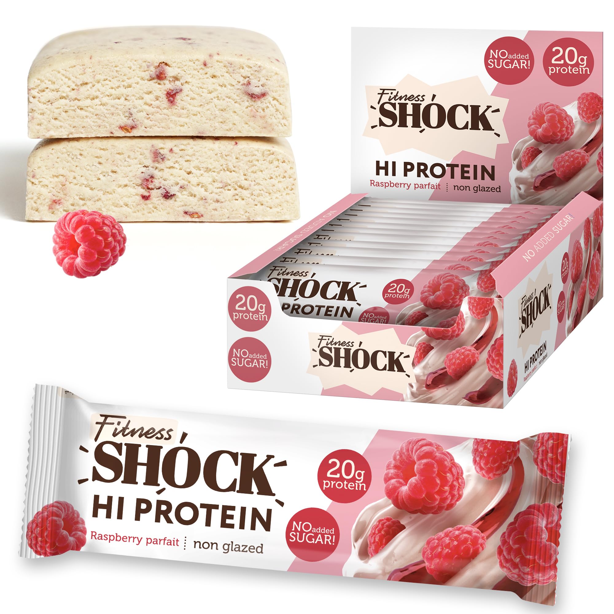 FitnesSHOCK High Protein Bars - High 20G Protein Content Protein Bar With No Added Sugar, Low Calorie Low Carb High Fibre, Raspberry Parfait Flavour 12Pcs 60G